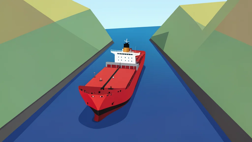 A red sea shipping lane with a large oil tanker navigating through narrow strait waters