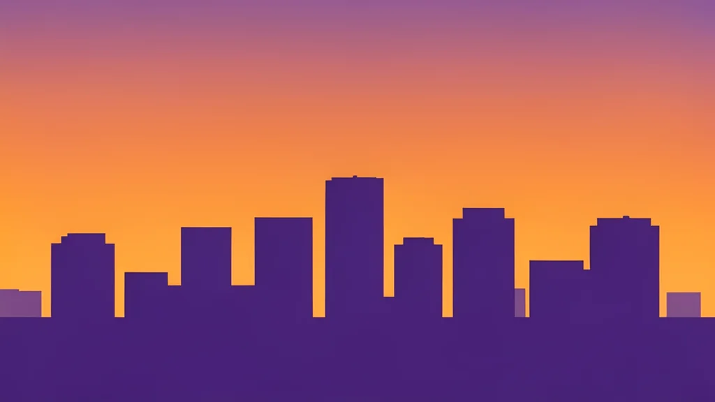 A silhouette of a city skyline at dusk with a calm horizon.
