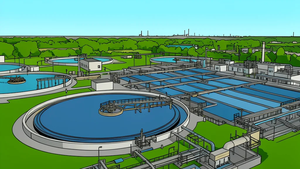A large industrial water treatment facility with circular concrete basins and metal piping infrastructure
