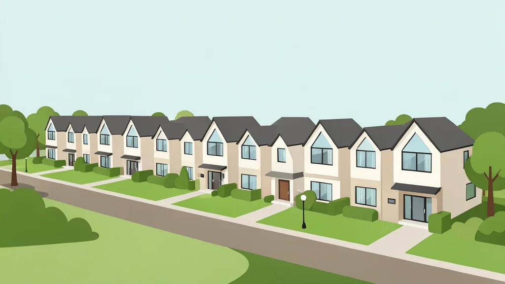 A flat vector illustration of a modern suburban housing development with rows of new homes and landscaped streets.