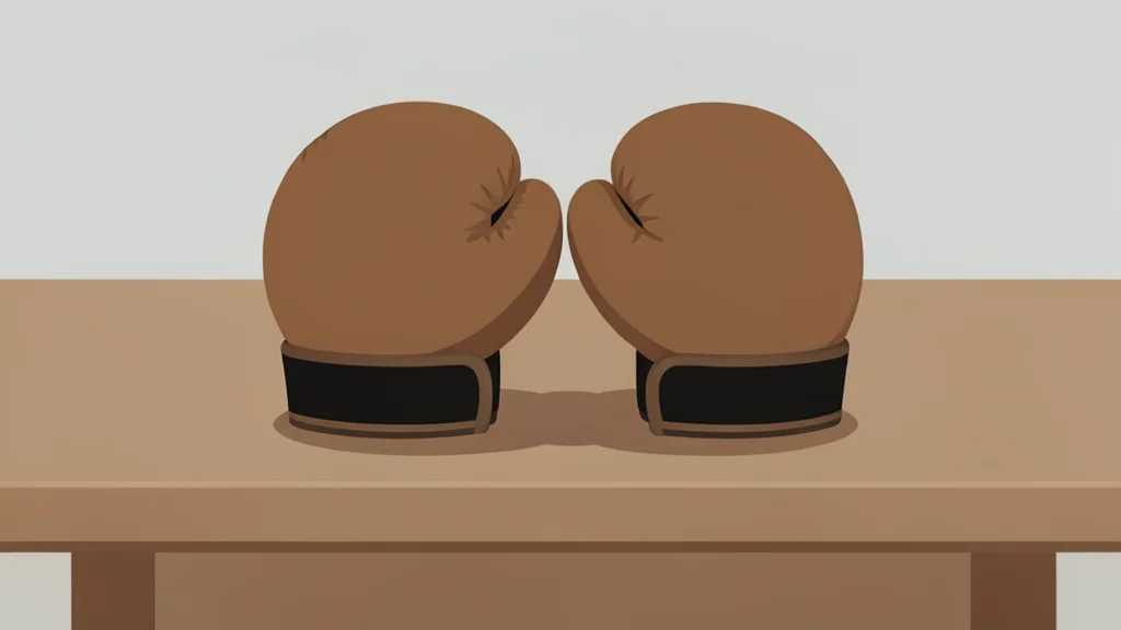 A pair of heavy-duty leather boxing gloves resting on a wooden training table