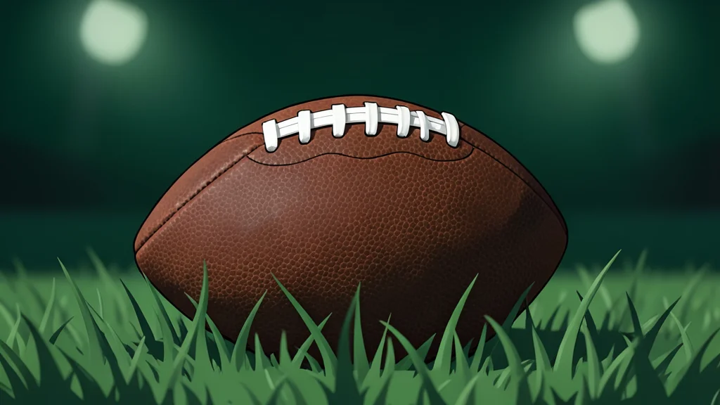 A green football resting on a white yard line on a grass field