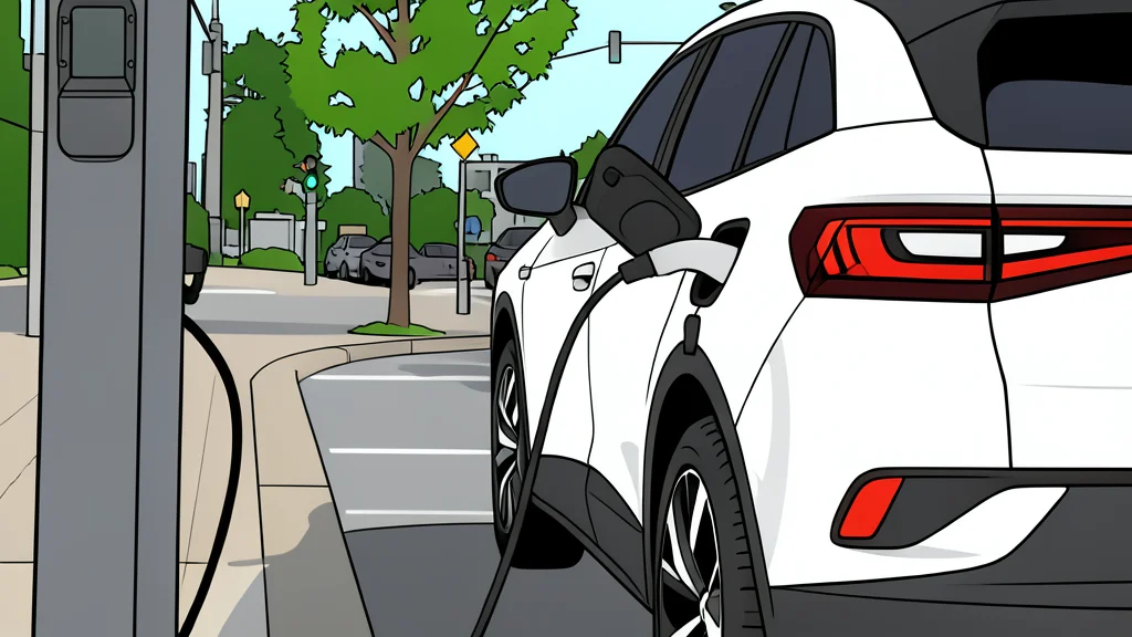 A modern electric vehicle charging station with a cable plugged into a car port, set against a blurred urban street background.