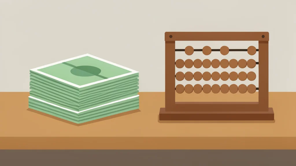 A stack of paper currency and a mechanical abacus on a wooden desk