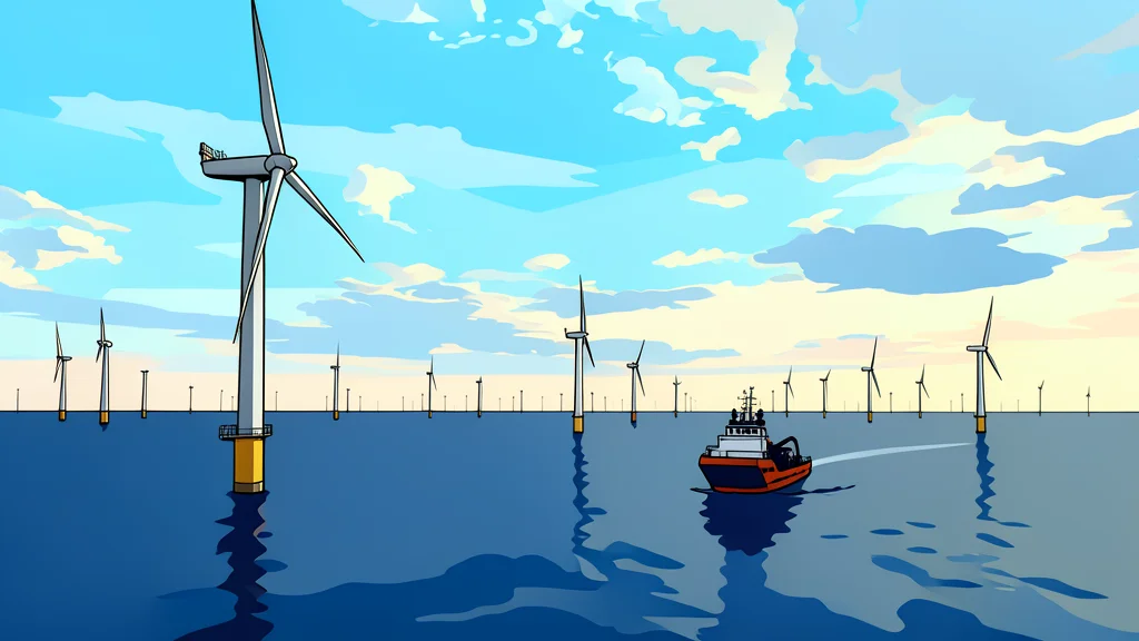 A row of white wind turbines standing in a calm blue sea under a clear sky