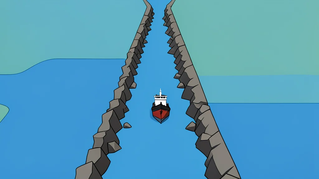 A narrow, rocky strait connecting two large bodies of water with a single ship passing through