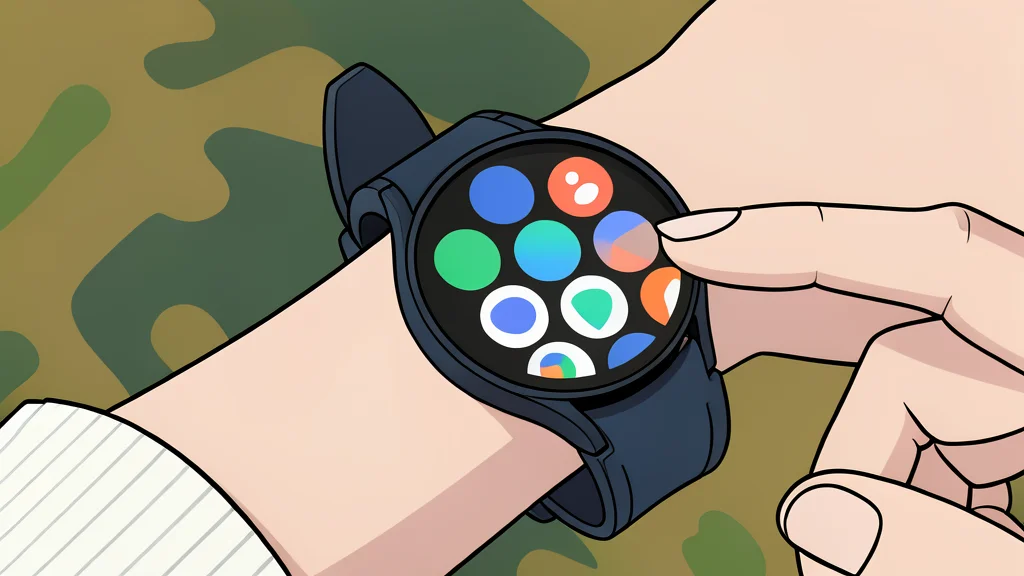 A round smartwatch face with a digital display showing a simple clock interface, resting on a wooden surface.