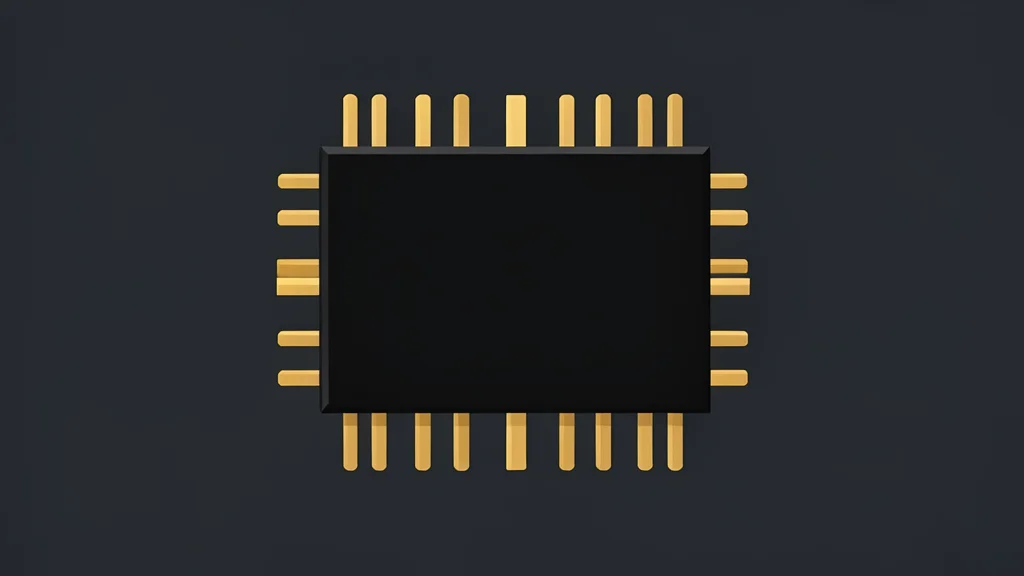 A close-up view of a black rectangular computer memory chip with gold contact pins, resting on a dark surface.