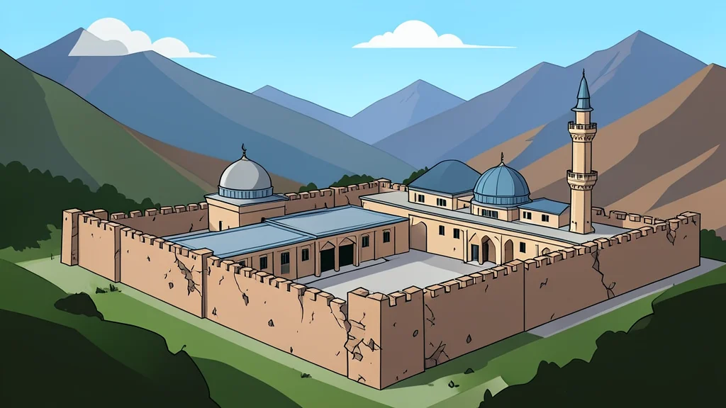 A fortified police station compound with damaged walls and a mosque structure in a mountainous region