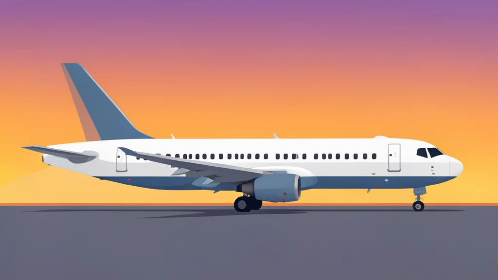 A modern commercial airplane parked on a tarmac at sunset with warm orange lighting
