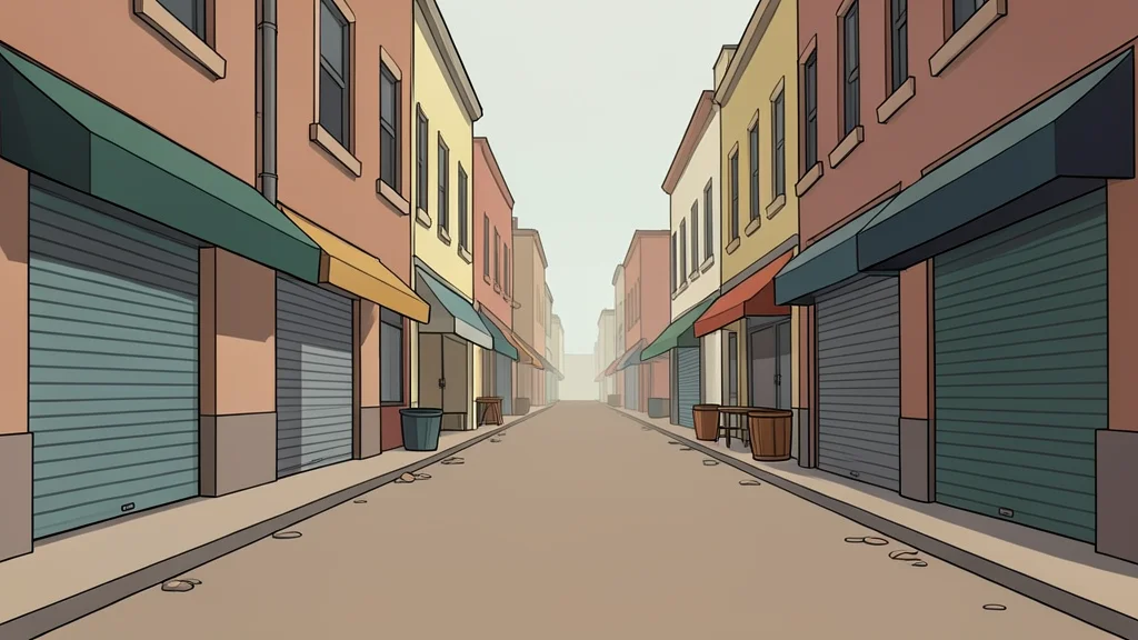 A quiet, empty market street with closed metal shutters and dusty ground under a hazy sky.