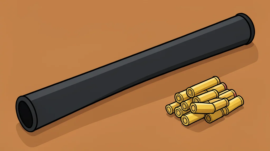 A flat vector illustration of a dark rifle barrel resting on a wooden surface next to a small stack of brass cartridges, rendered in muted earth tones.