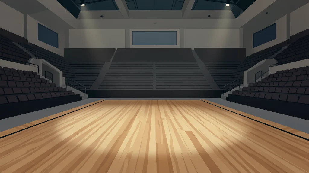 A vast, empty indoor basketball arena with gleaming hardwood floors and rows of dark seating, bathed in soft, atmospheric light.