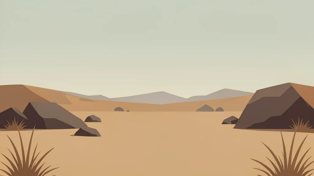 A dusty, arid landscape with scattered rocks and dry grass under a hazy sky
