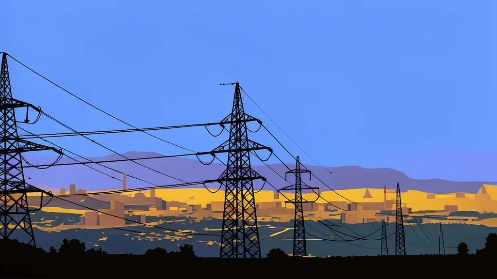 A high-voltage power transmission tower standing against a cloudy sky