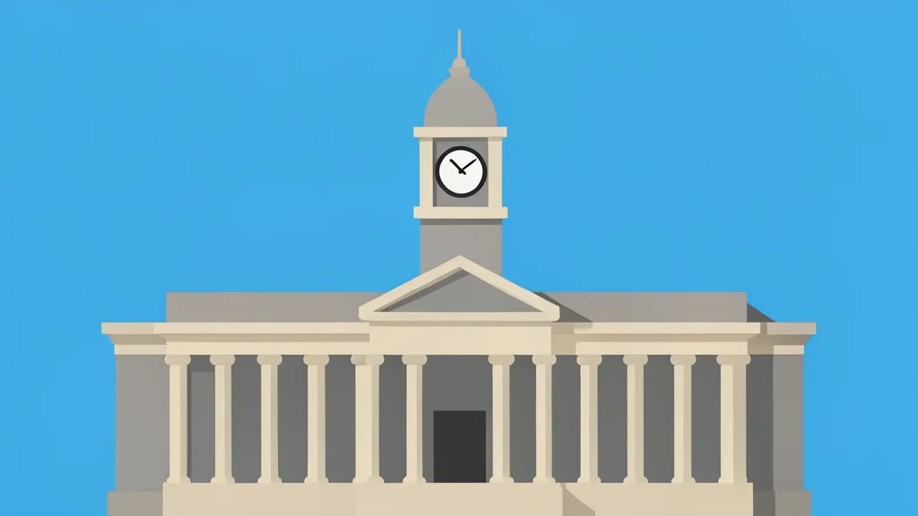 A large, classical stone building with a clock tower and columns, standing against a clear sky