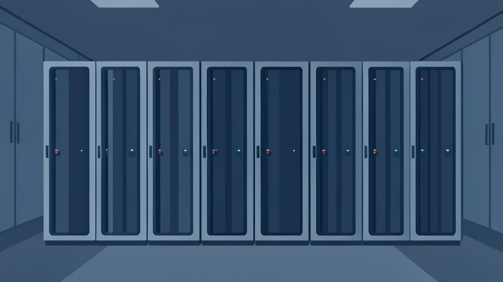 A dense cluster of server racks in a dimly lit data center room