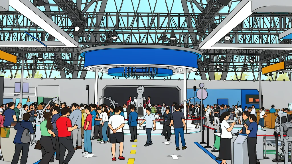 A large industrial exhibition hall filled with rows of sleek, metallic humanoid robots standing in a line next to stacks of silicon wafers and cylindrical battery cells.