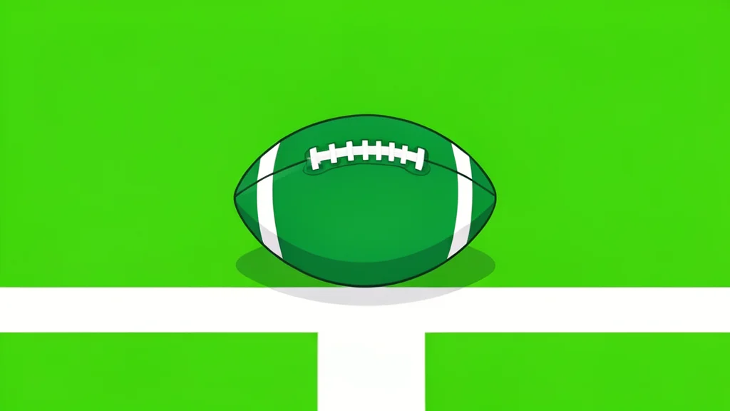 A green football resting on a white yard line on a grass field