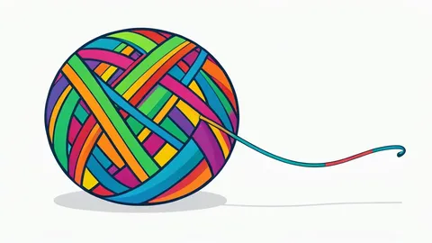 A tangled ball of yarn with a single loose thread being pulled out