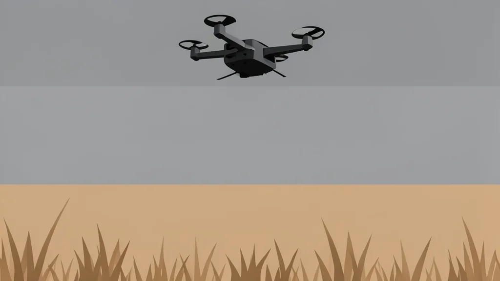 A vast, open field of dry grass under a grey sky with a low-flying unmanned aerial vehicle hovering above the terrain