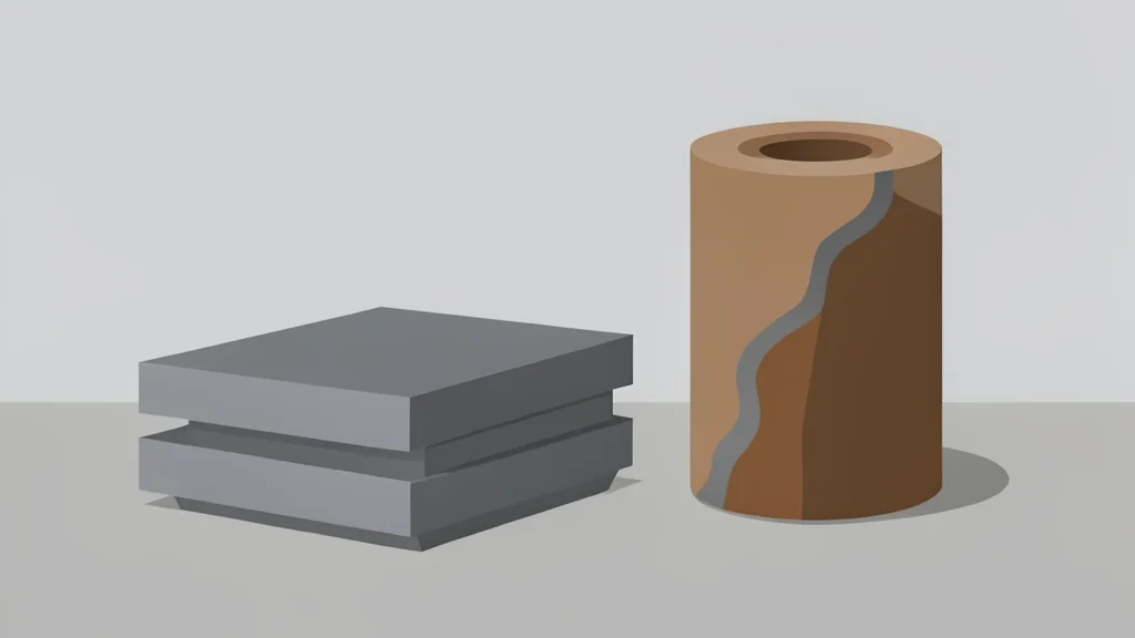 A pile of grey metallic ingots and a geological core sample on a laboratory table