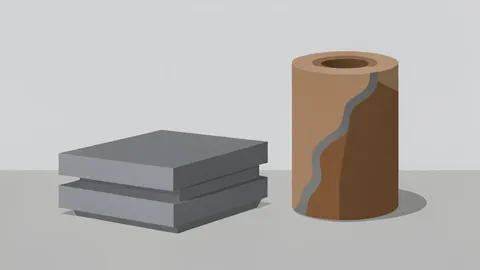 A pile of grey metallic ingots and a geological core sample on a laboratory table