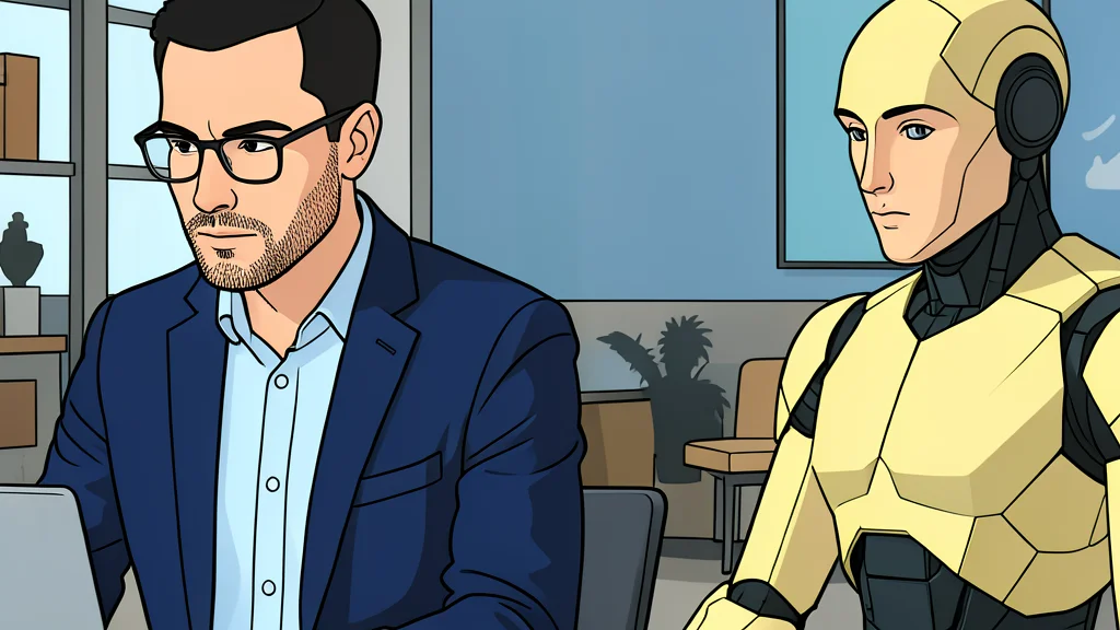 A flat vector illustration of a humanoid robot standing next to a human worker in a warehouse aisle.