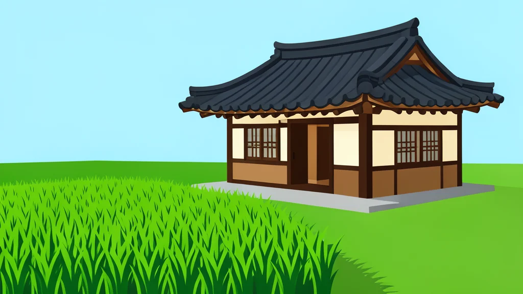 A traditional Korean tiled-roof house beside a green rice paddy field.