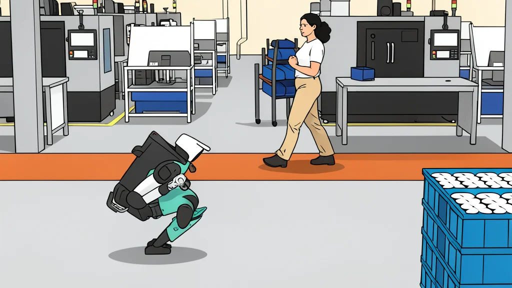 A flat-vector illustration of a bipedal robot kneeling on a concrete floor.