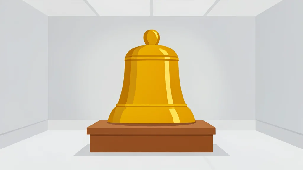 A large, polished brass bell resting on a wooden podium in a quiet trading hall