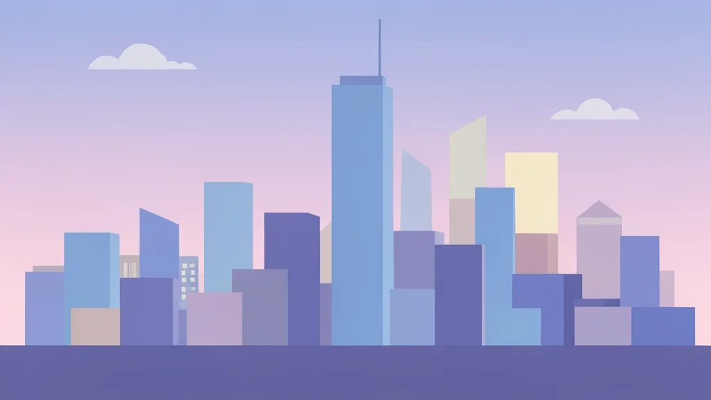 A calm, expansive view of a modern city skyline at dusk with soft ambient lighting.