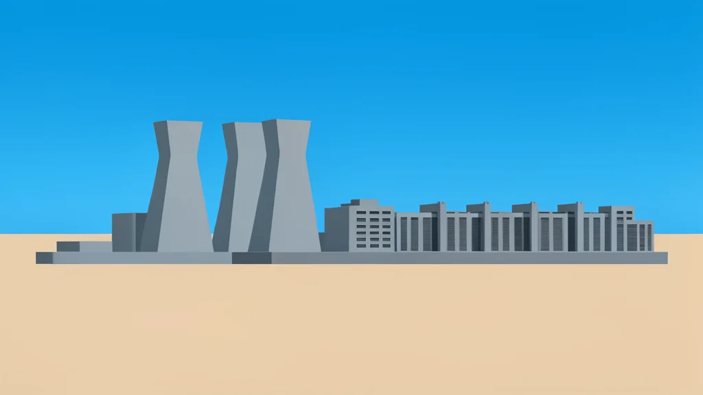 A vast industrial complex of cooling towers and server buildings stretching across a flat desert landscape under a clear sky
