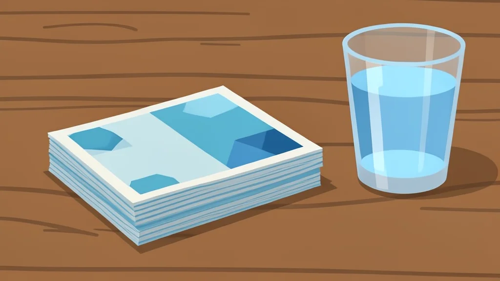 A stack of Indian currency notes resting on a wooden desk next to a glass of water
