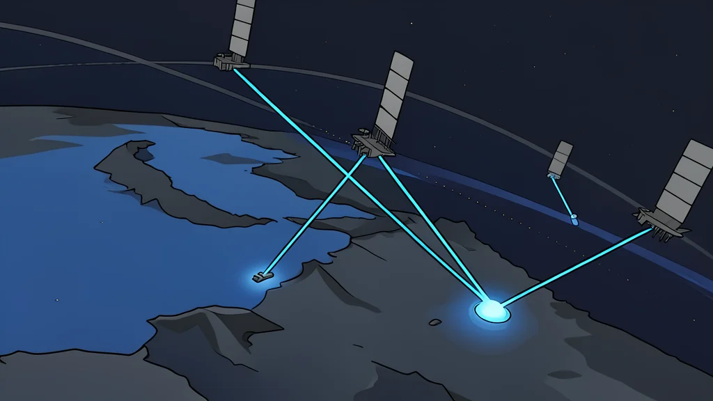 A low-Earth orbit satellite with solar panels floating above a snowy, treeless tundra landscape