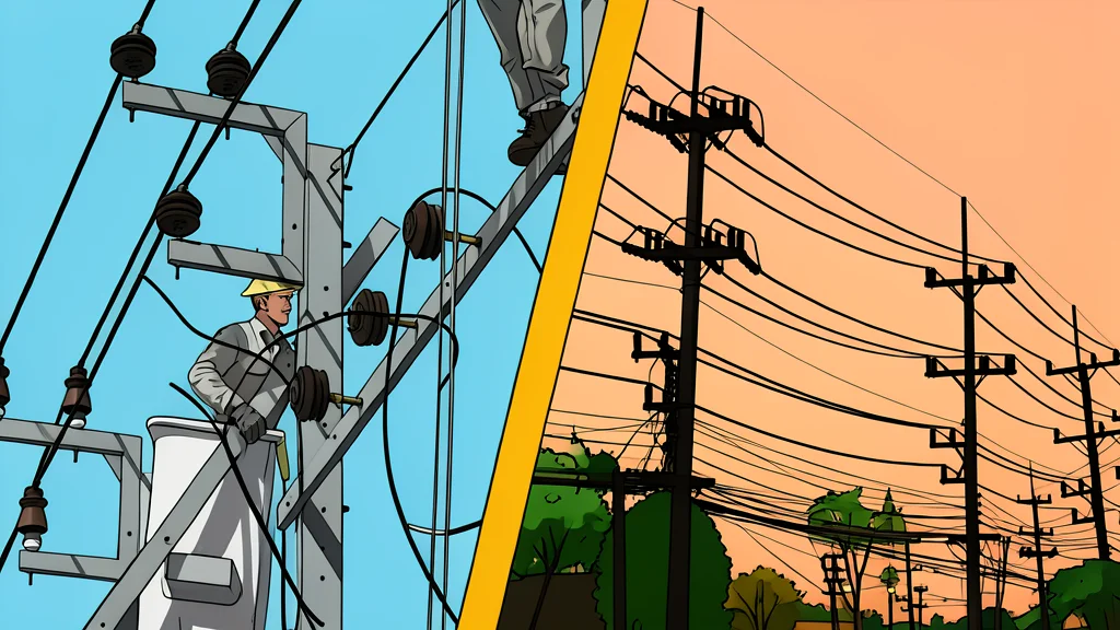 A high-voltage electricity transmission tower standing in a rural landscape