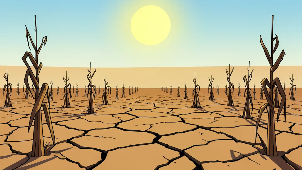 A cracked, dry earth field with withered crop stalks under a harsh sun