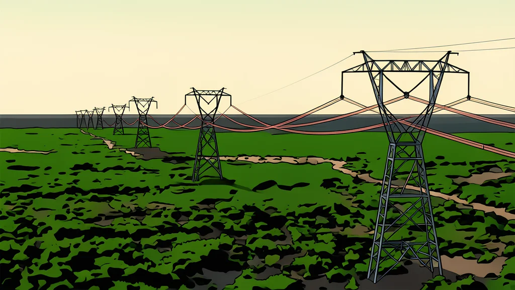 A high-voltage electrical transmission tower standing alone in a green field under a clear sky