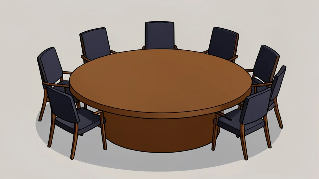 A large, circular wooden table with empty chairs arranged around it, symbolizing a diplomatic assembly.