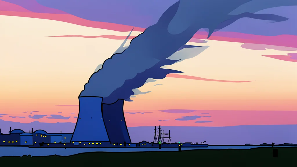 A large industrial cooling tower with steam rising from the top against a clear sky