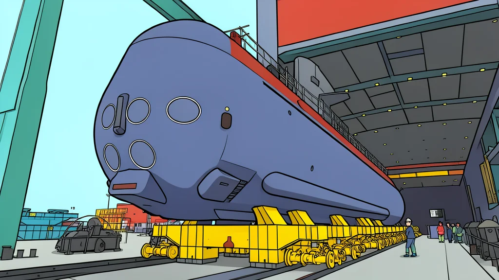 A sleek, dark grey submarine hull partially submerged in calm, deep blue water, with a periscope mast extending vertically from the top.