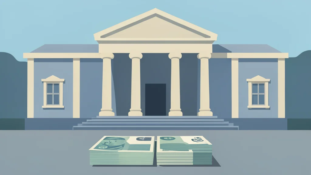 A stack of paper currency resting in front of a classical government building facade.