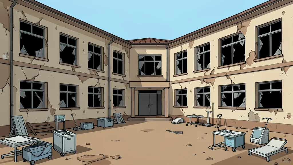 A dilapidated hospital building with broken windows and scattered medical equipment in a dusty courtyard