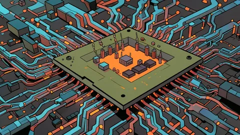 A detailed close-up of a silicon wafer featuring intricate, glowing circuit patterns and layered geometric structures.