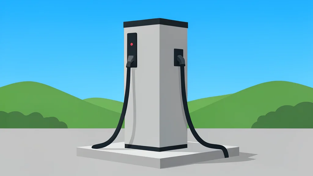 A modern electric vehicle charging station with a sleek, curved cable resting on a concrete pad, set against a backdrop of a clear blue sky and distant green hills.