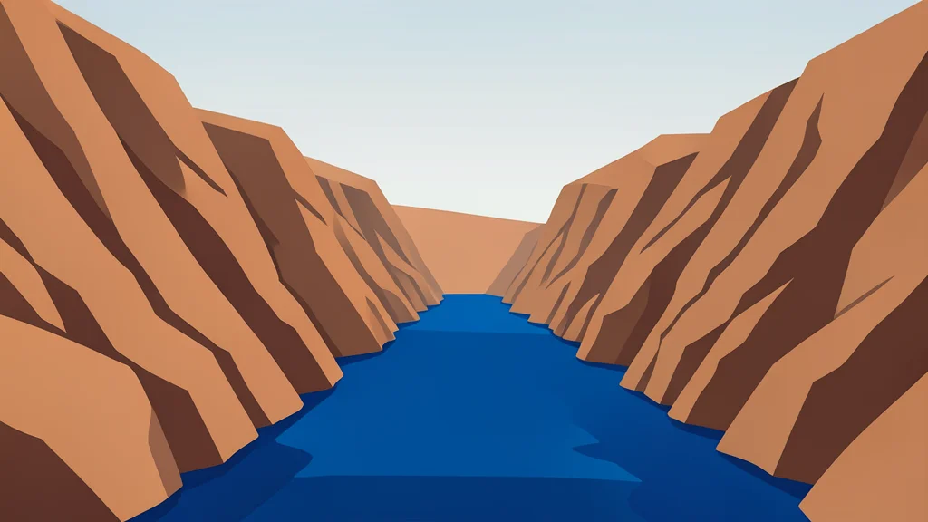 A deep blue waterway flanked by steep, arid rocky cliffs under a hazy sky.