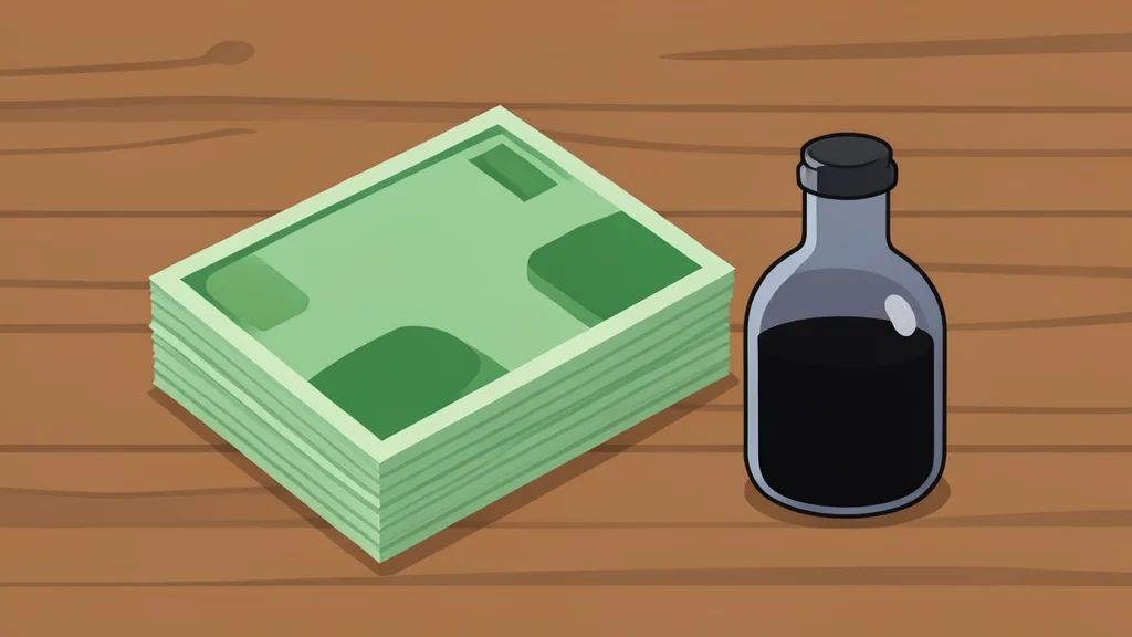 A stack of banknotes resting on a wooden desk next to a small, dark glass bottle of crude oil