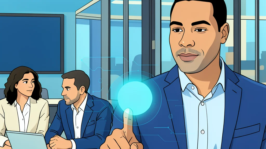 A sleek metallic humanoid robot standing next to a human employee at a desk in a modern office with soft lighting.