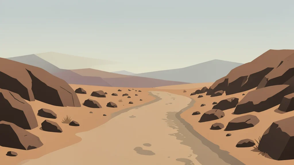 A dusty, unpaved road winding through a dry, rocky landscape under a hazy sky