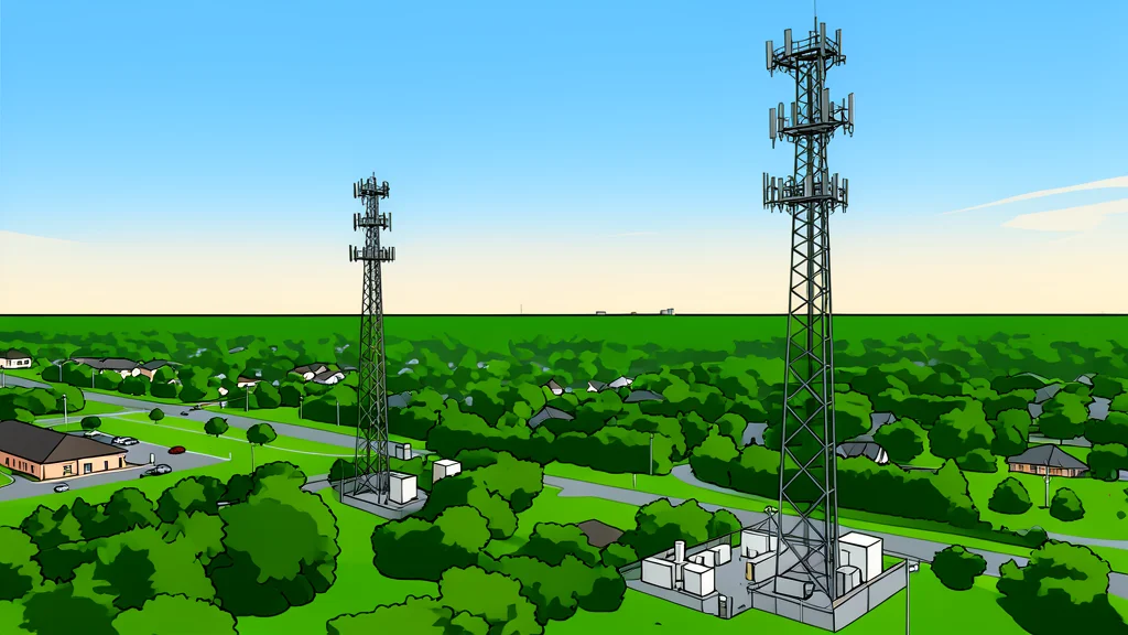 A tall telecommunications tower standing on a grassy hilltop against a clear sky